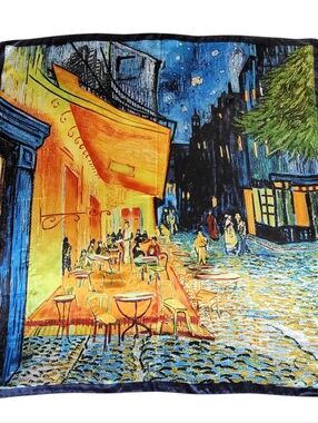 Vintage 90's MOSI Satin Scarf Parisian Cafe at Night Large 35" Square Blue Gold